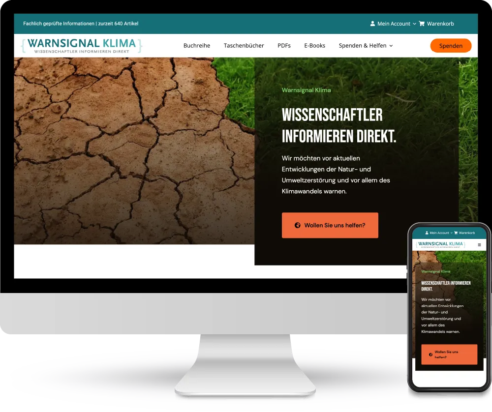 Screenshot der Spendenwebsite von Warnsignal Klima, angezeigt auf einem Desktop und einem Smartphone