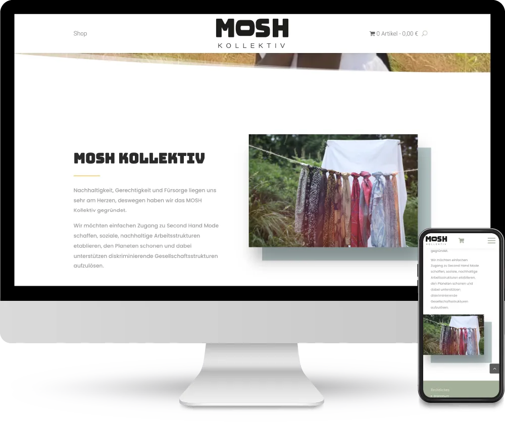 Screenshot der Website 'Mosh Kollektiv', angezeigt auf einem Desktop und einem Smartphone