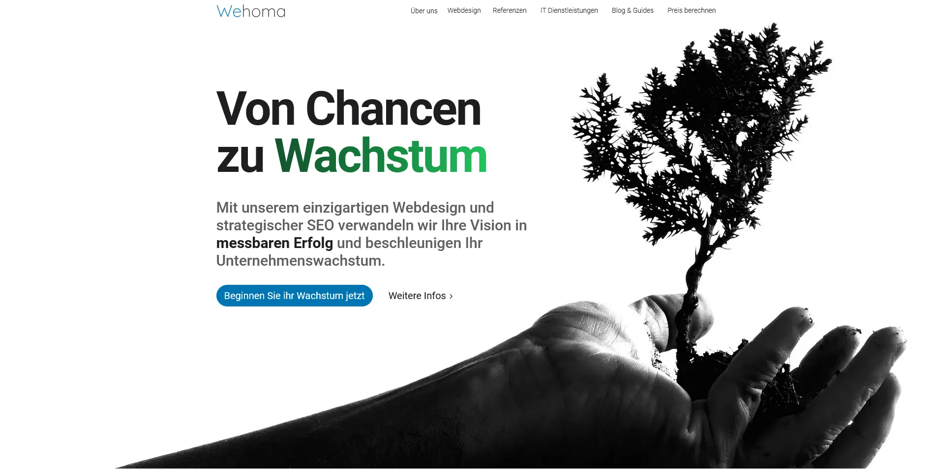 Ein Screenshot von Wehoma das ein frisches und modernes Website-Design zeigt, eine Hand hält einen kleinen Baum für Wachstum