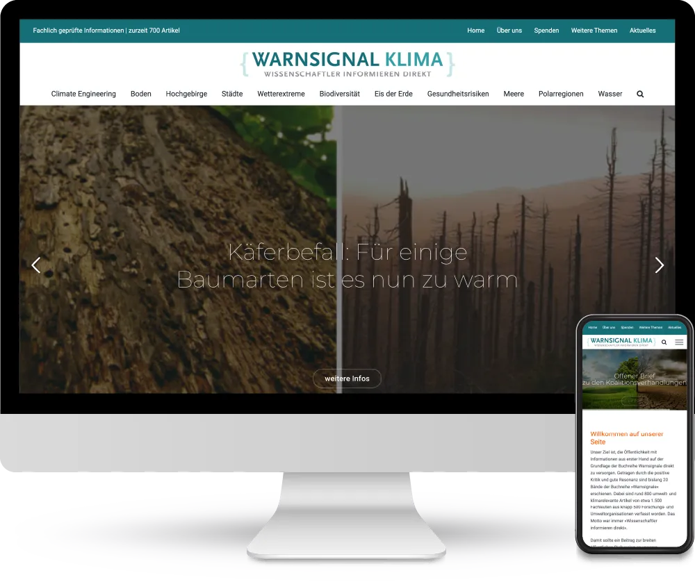 Screenshot der Webseite 'Warnsignal Klima' aus Hamburg. Präsentiert auf einem Desktop und einem Smartphone.