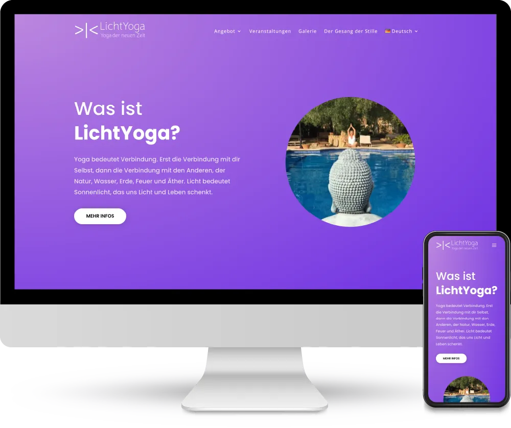 Screenshot der Webseite 'LichtYoga' auf einem Desktop- und einem Mobilgerät