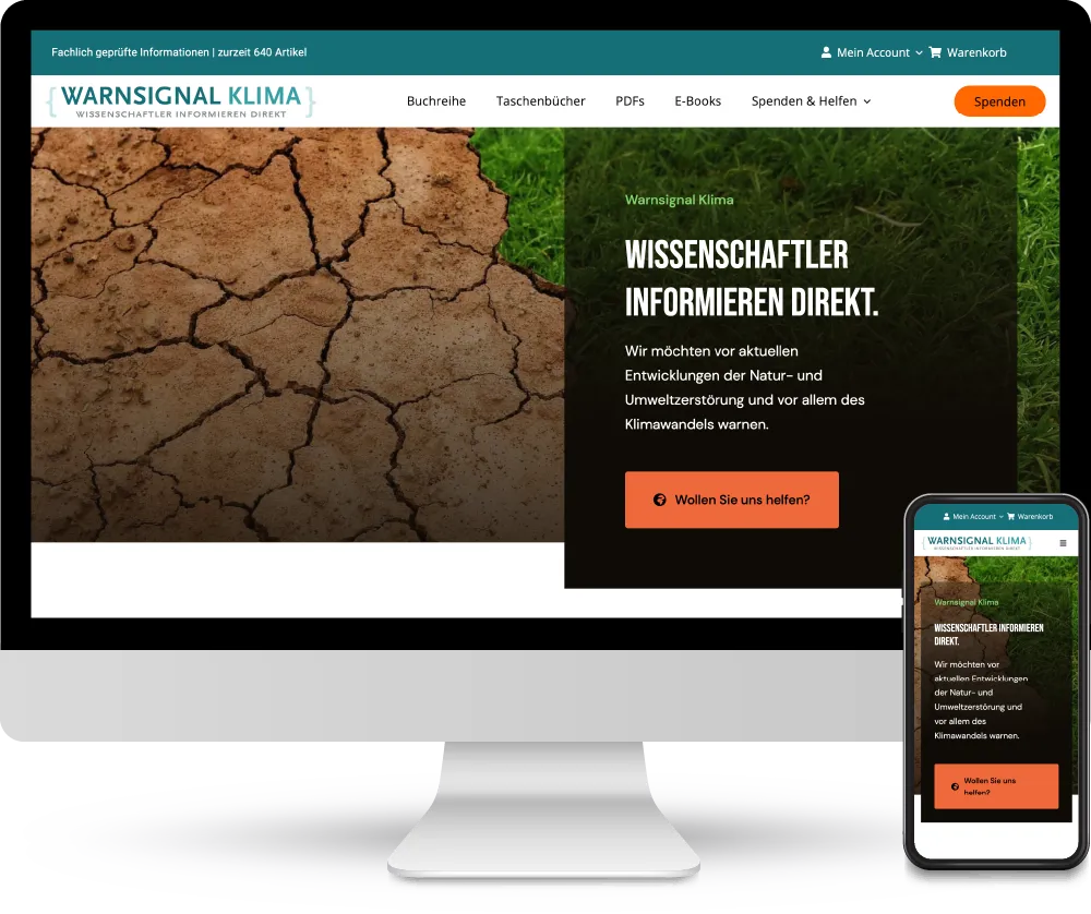 Screenshot der Webseite 'Warnsignal Klima Spendenshop' aus Hamburg auf einem Desktop- und einem Mobilgerät