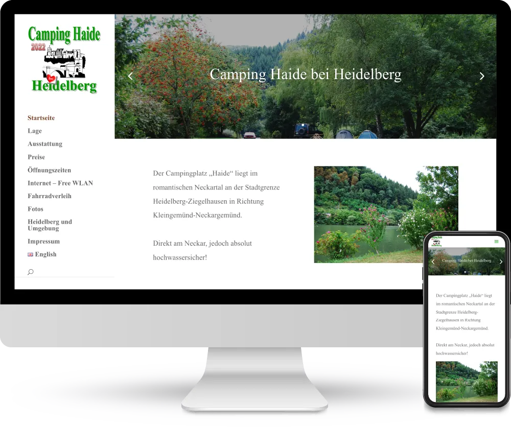 Screenshot der Website vom Campingplatz 'Camping Haide bei Heidelberg', angezeigt auf einem Desktop und einem Smartphone