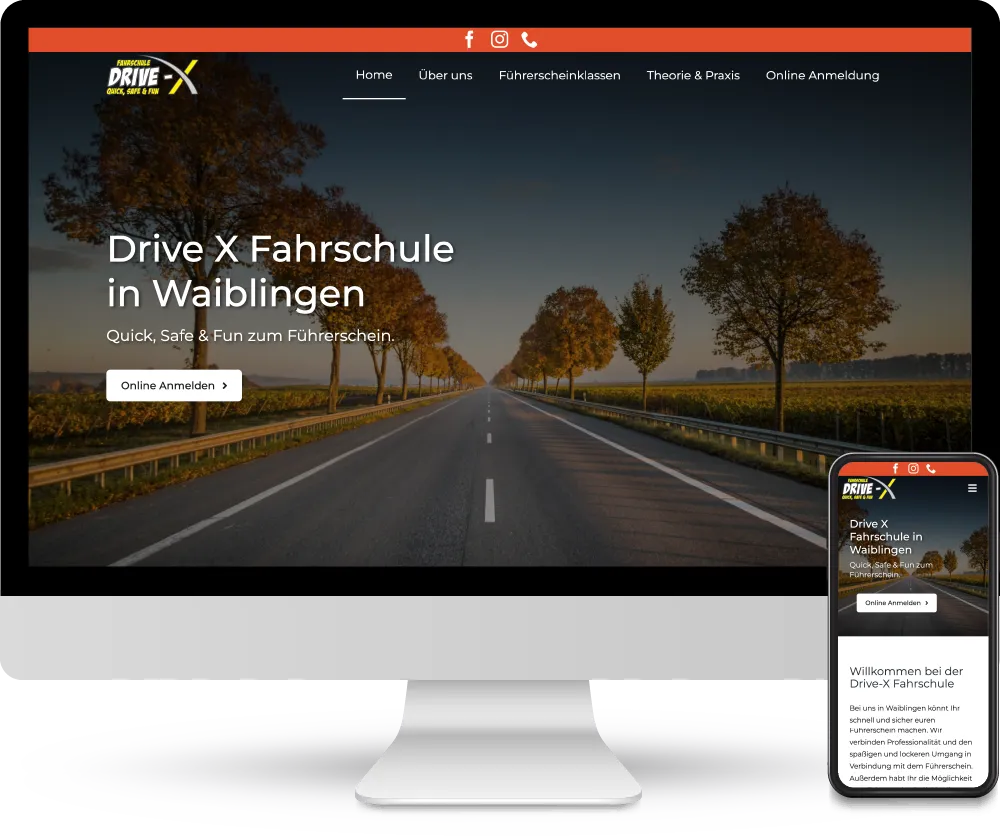 Screenshot der Webseite 'Fahrschule Drive-X' auf einem Desktop- und einem Mobilgerät