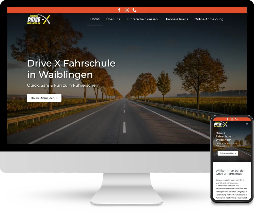 Desktop-Bildschirm und Smartphone zeigen einen Screenshot unserer individuell erstellten Website von Fahrschule Drive-X