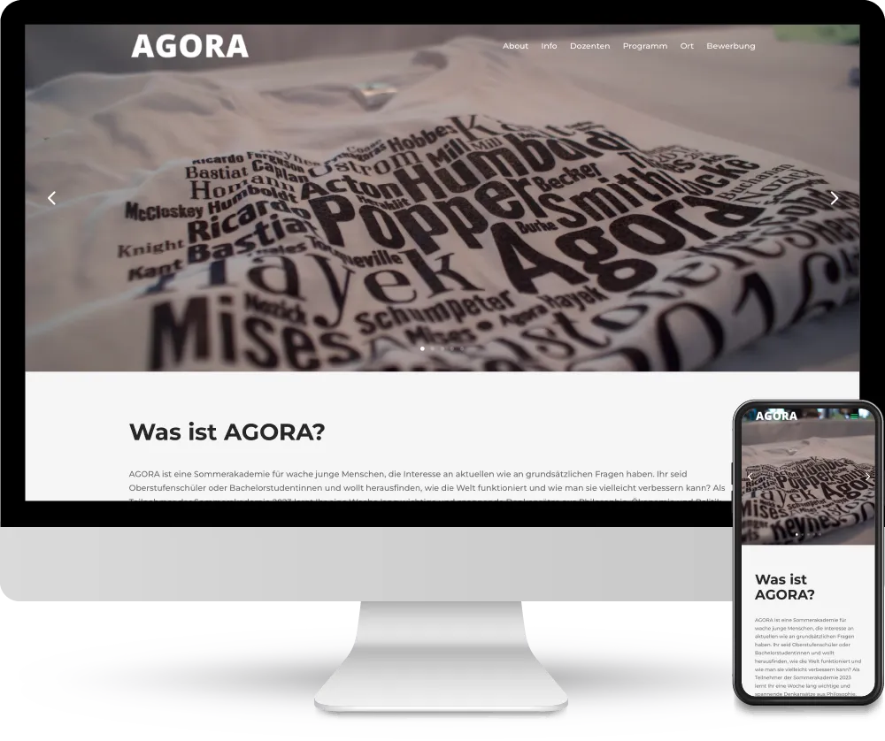 Screenshot der Website 'Agora Akademie', angezeigt auf einem Desktop und einem Smartphone