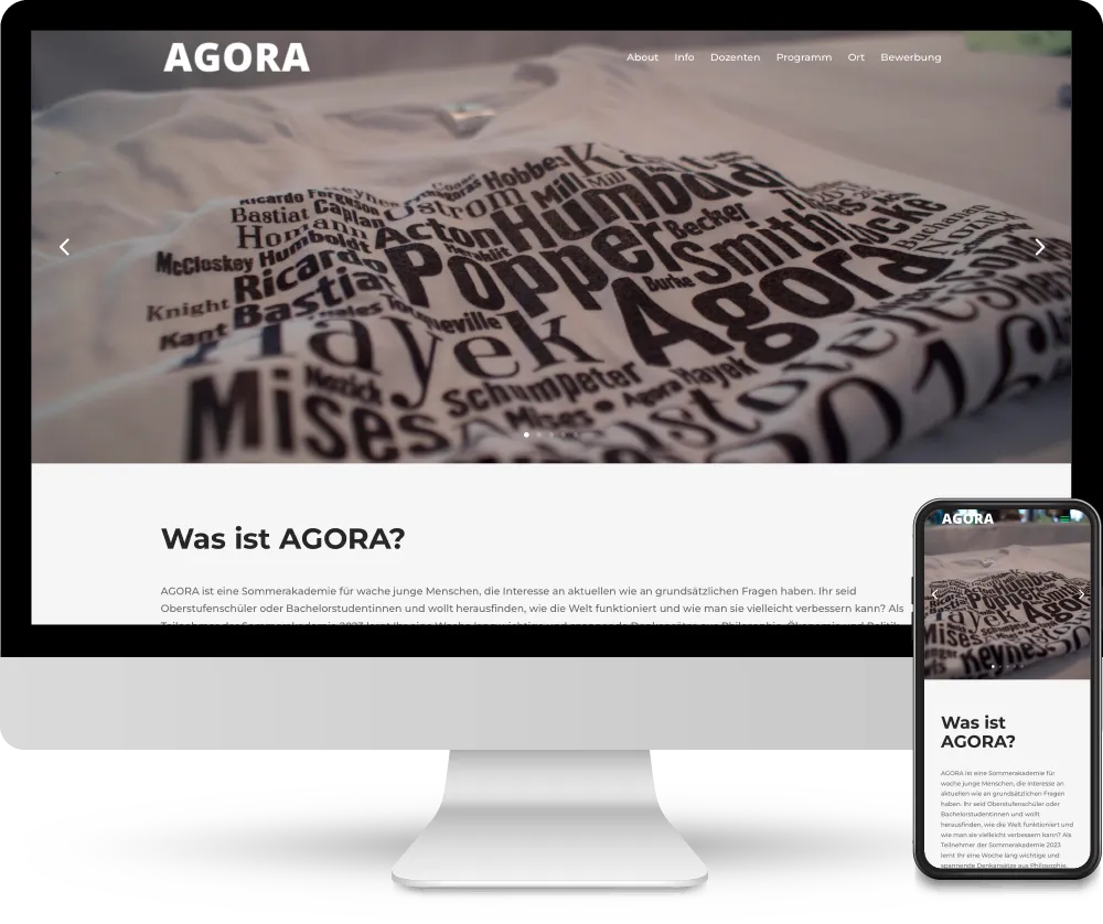 Screenshot der Webseite 'Agora Akademie' auf einem Desktop- und einem Mobilgerät