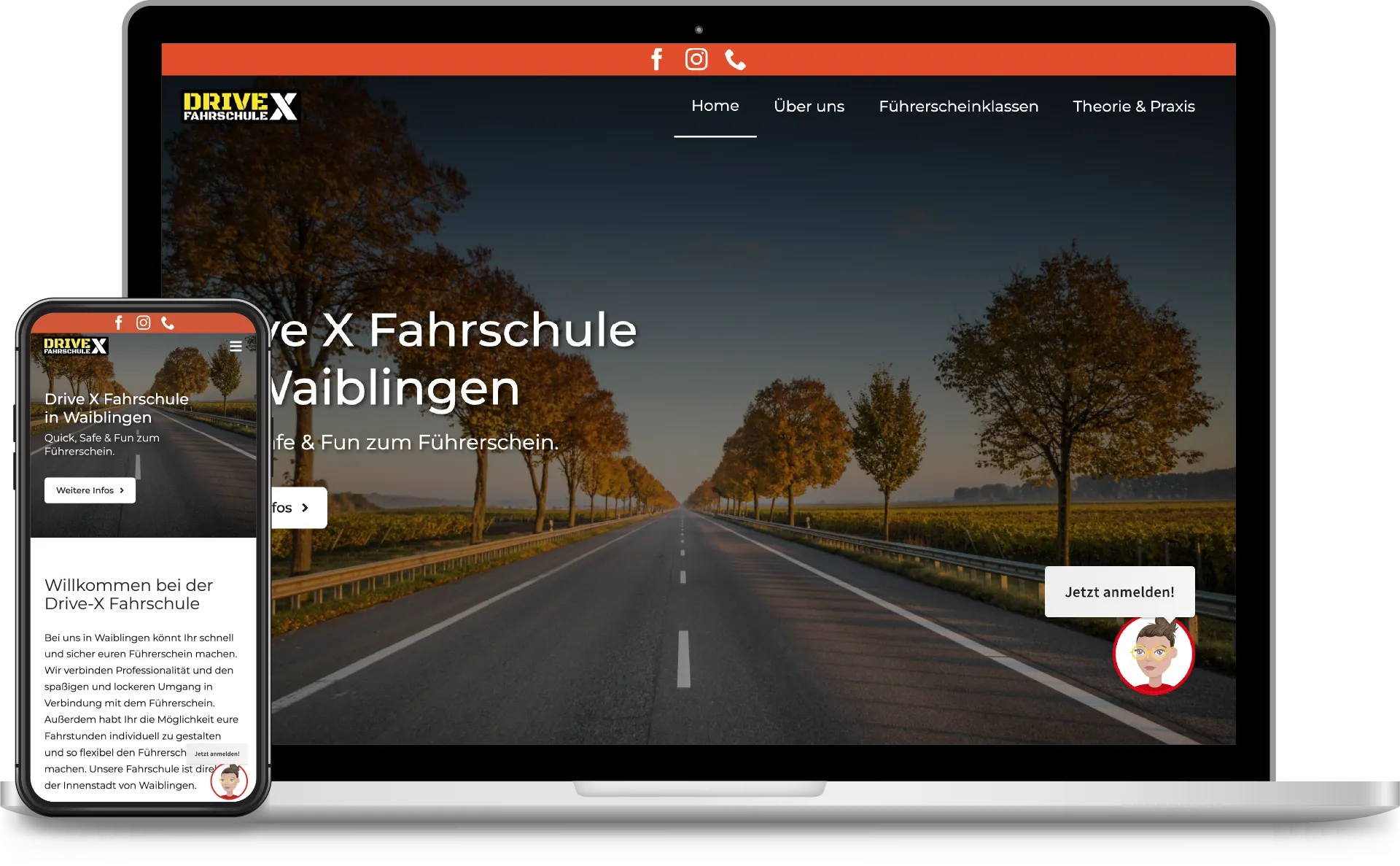 Eine Referenz von uns. Abgebildet ein Screenshot von der Website der Fahrschule Drive X. Präsentiert auf einem Laptop und einem Smartphone.