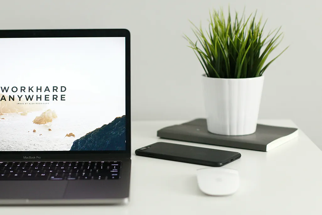 Ein Schreibtisch mit MacBook mit einer Website auf dem Bildschirm, Smartphone, Maus und Topfpflanze stehen daneben