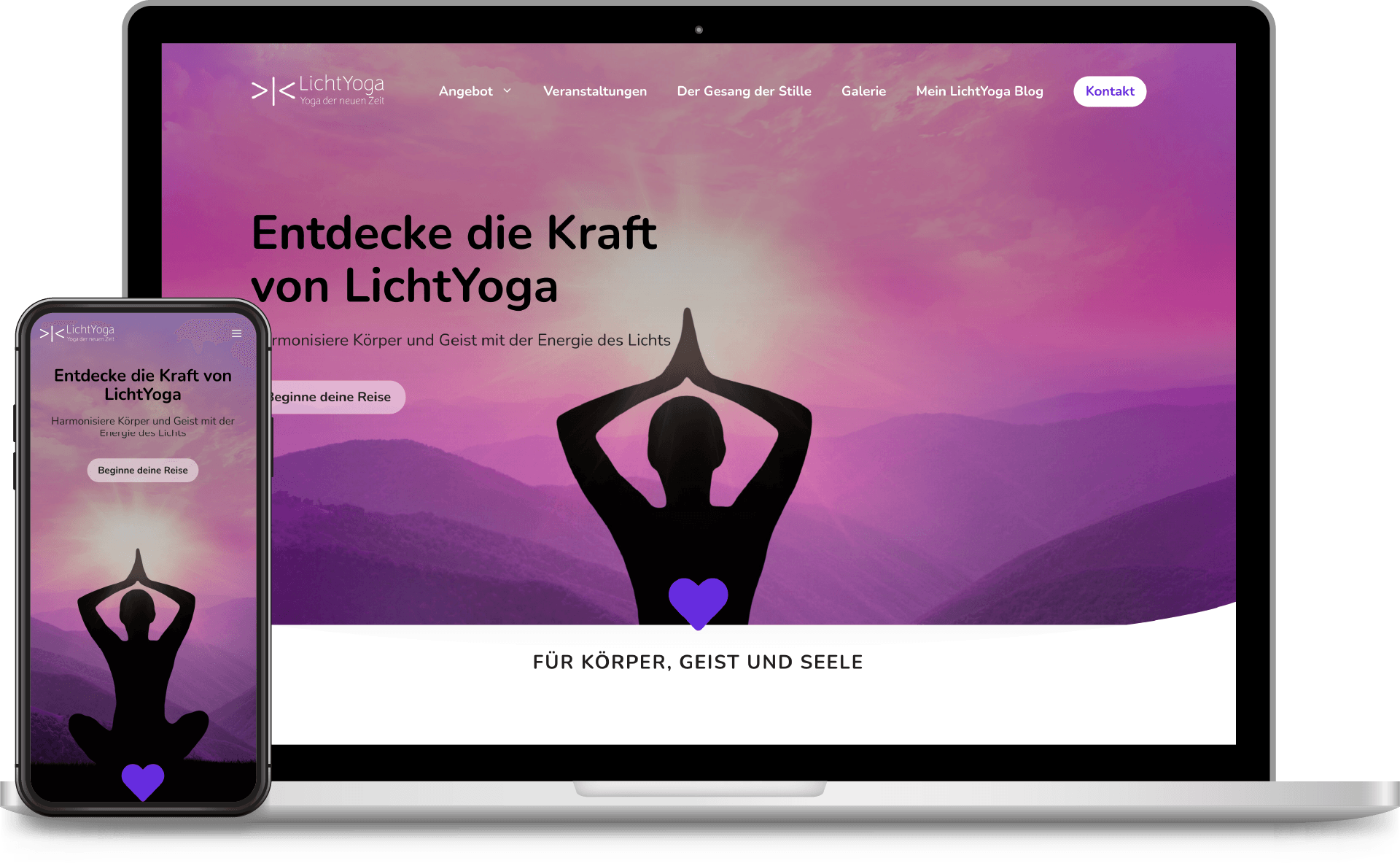 Eine Referenz von uns. Abgebildet ein Screenshot von der Website LichtYoga. Präsentiert auf einem Laptop und einem Smartphone.