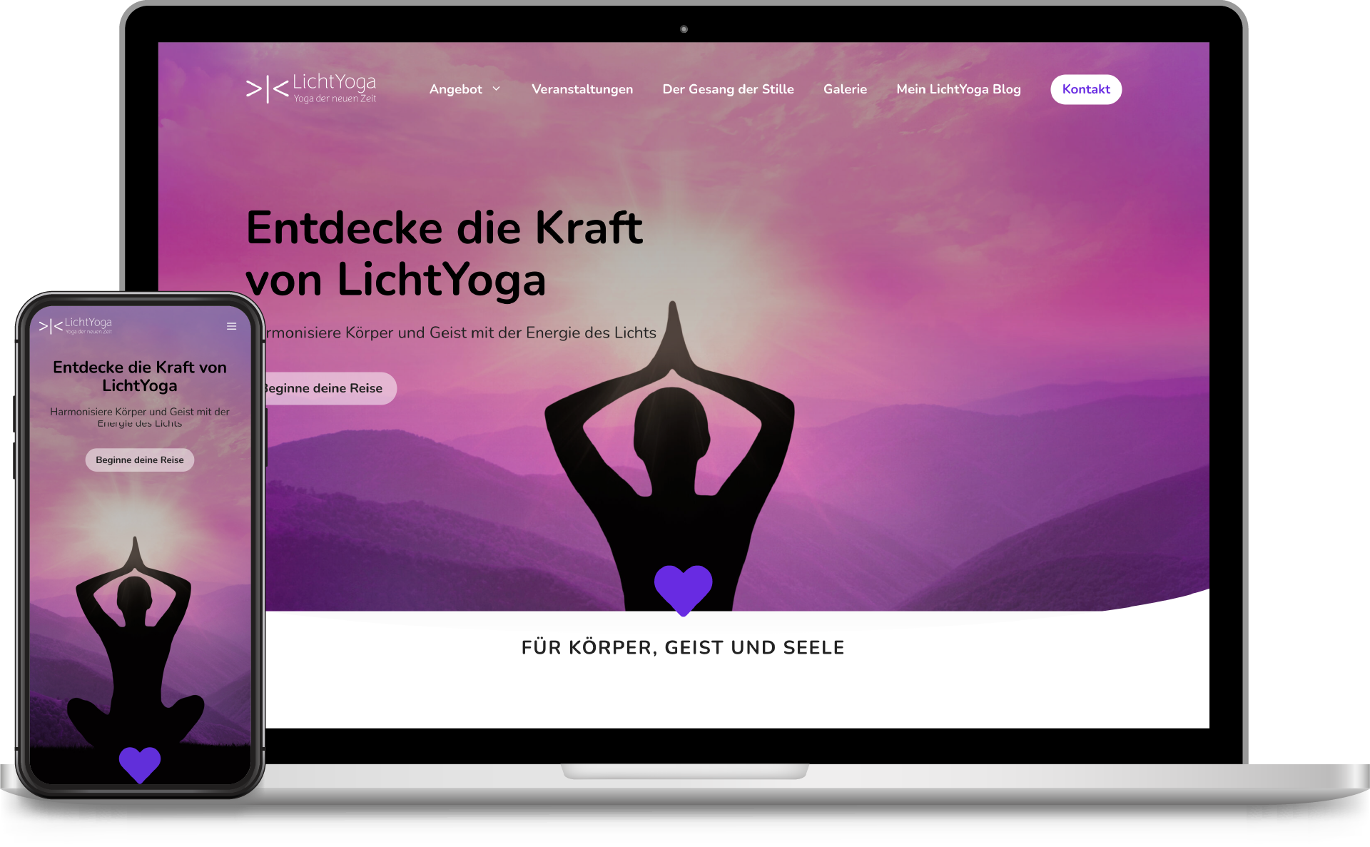 Showcase der LichtYoga Website erstellt von Wehoma. Zeigt responsives Design auf einem Laptop und einem Smartphone mit violettem Farbverlauf.