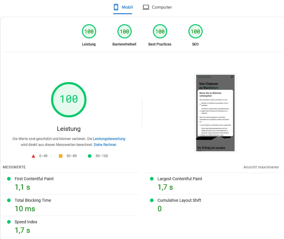 Zu sehen ist die mobile Auswertung der PageSpeed Insights von Google von unserer Website wehoma.de die 4 Werte sind jeweils bei 100 von 100